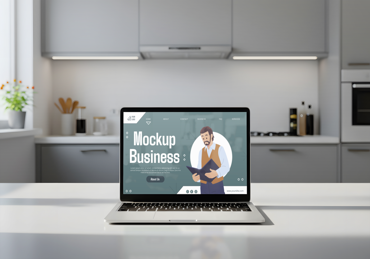 A laptop displaying a mockup business website sits on a kitchen counter psd