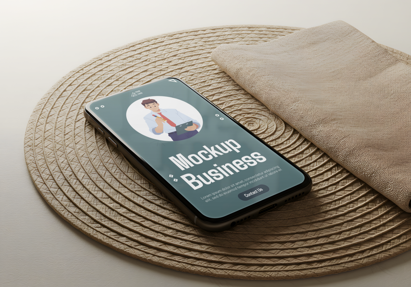 A smartphone displaying a business mockup rests on a woven placemat with a napkin beside it psd