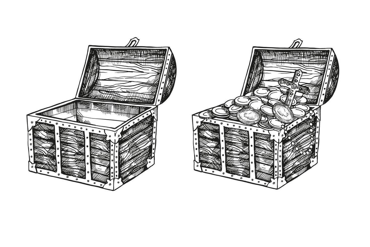hand drawn textured wooden full and empty treasure chest with lid open, coins, gold, jewels, pirate loot, black and white sketch, adventure, history monochrome illustration for party decoration vector