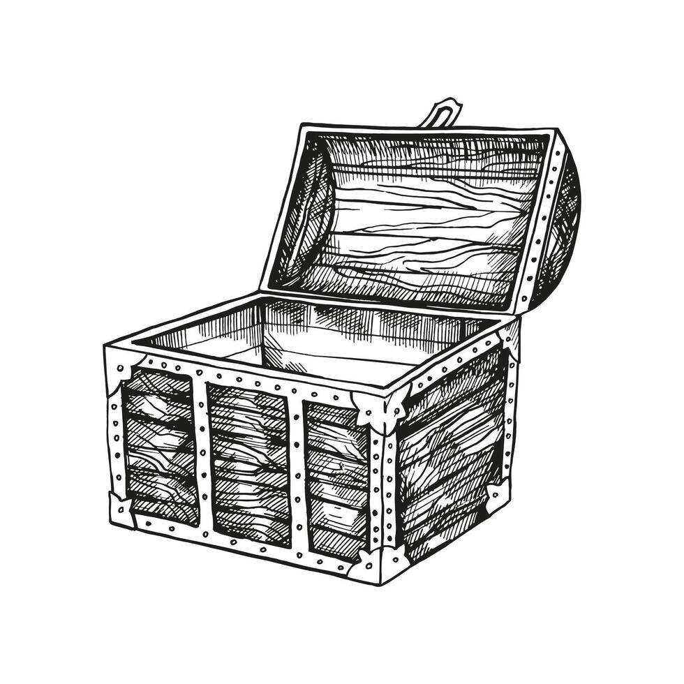 hand drawn textured wooden empty chest with lid open, box for treasure at bottom of sea, pirate loot, black and white sketch, adventure, history monochrome illustration vector