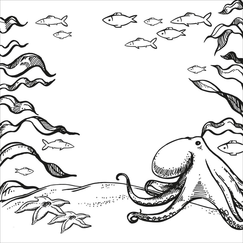 deep seafloor with algae, plants, branches and leaves, tropical fish, starfish, octopus on sand under sea, ocean, black and white illustration of under sea wildlife, frame for marine vector