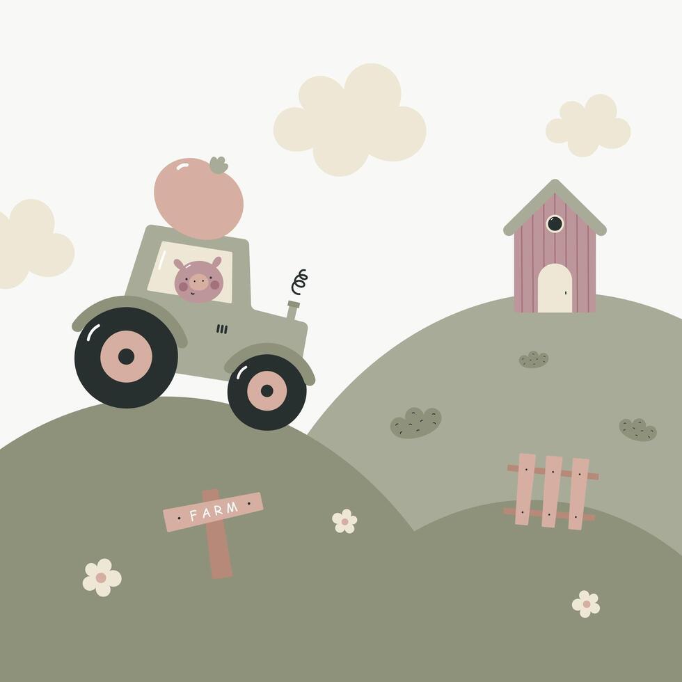Farm landscape with tractor and cute pig. Kids print. illustration in flat cartoon style vector