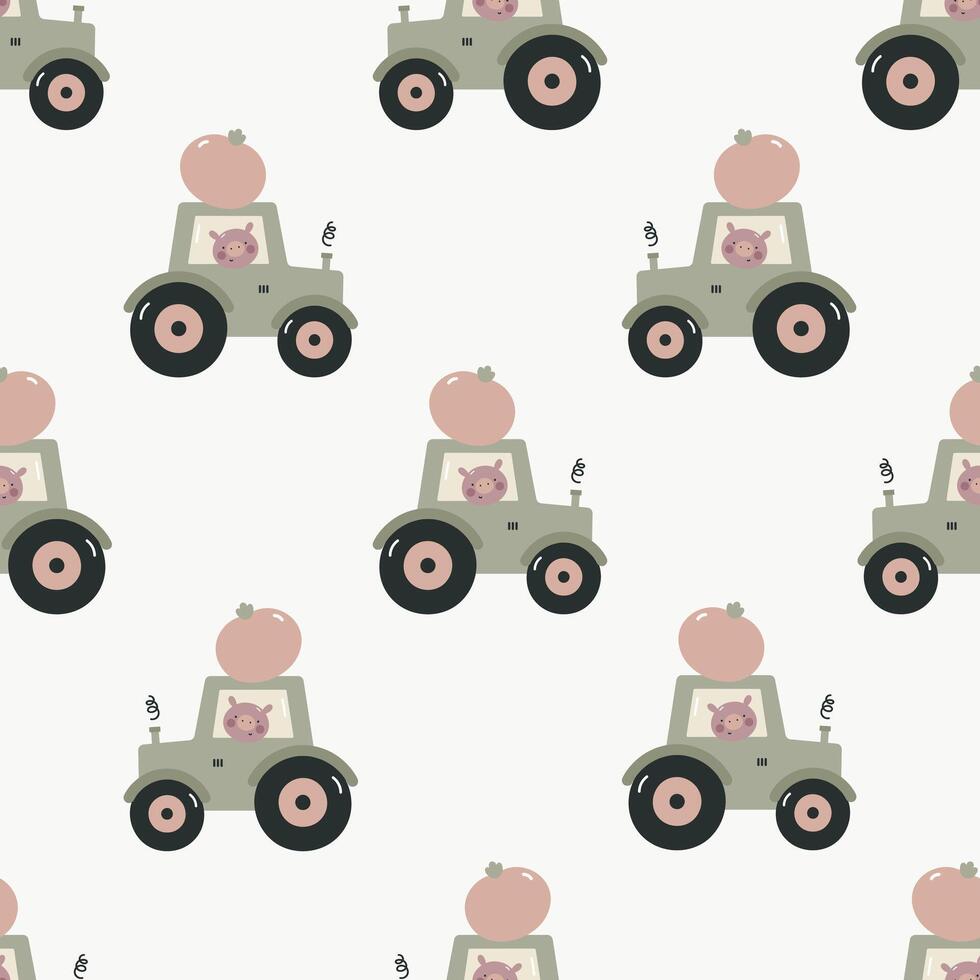 Seamless pattern with tractor and cute pig. Kids background. For card, posters, banners, books, printing on the pack, clothes, fabric, wallpaper, textile or dishes. vector