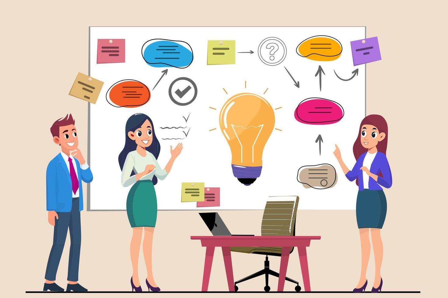 Business seminar concept. Cartoon illustration of close-up of group of different people standing near board with sticky notes and discussing idea. Isolated on background vector