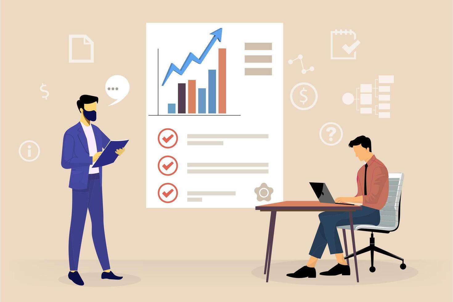 Business discussion. Cartoon illustration in flat style of group of different people having discussion at table near board with charts and graphs vector