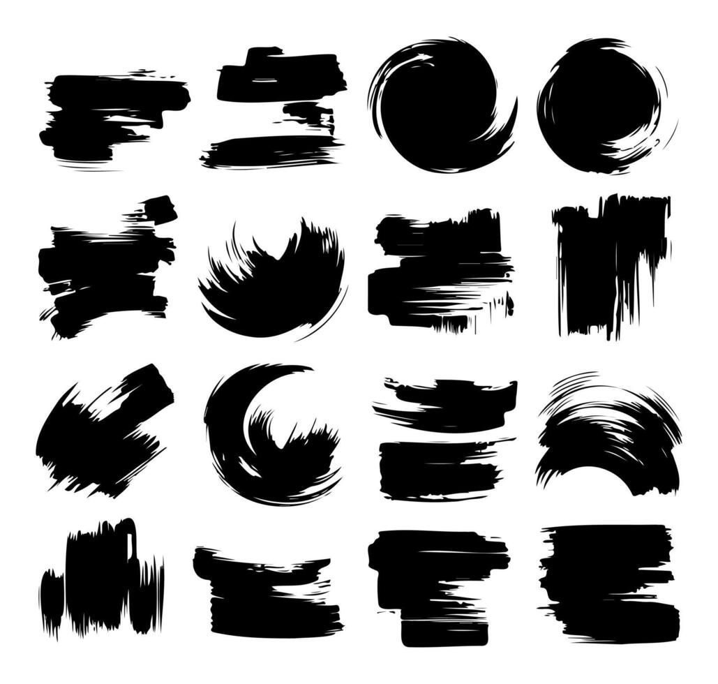 Collection of black brush strokes with various shapes isolated on white background vector