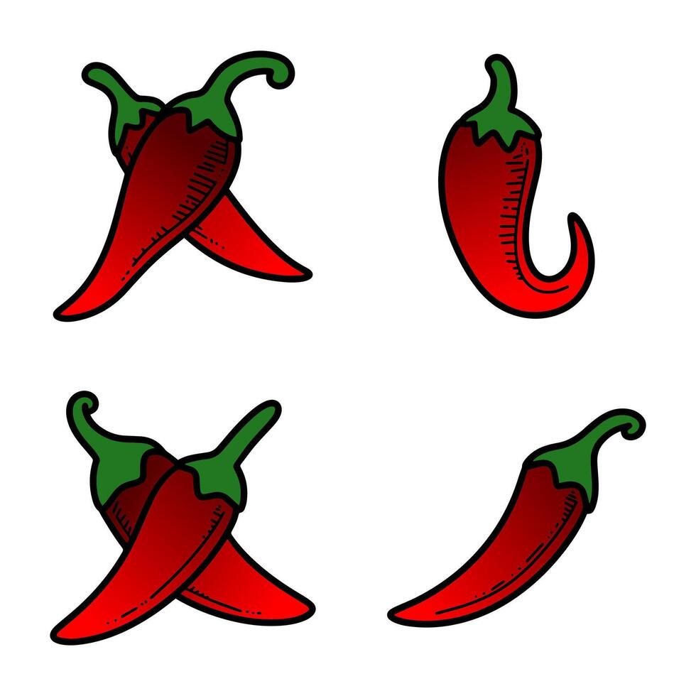 Vibrant red chili peppers illustrated in various positions showcasing their bright colors and distinctive shapes vector
