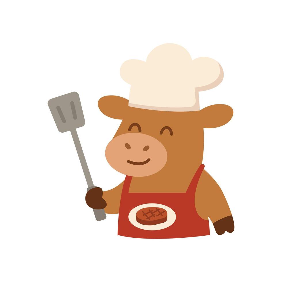 Cute Cow Chef Barbeque Theme Holding Spatula Flat Design vector