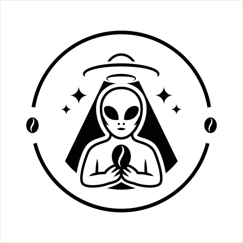 Alien Design Logo Holding Coffee With Flying Saucer Behind vector