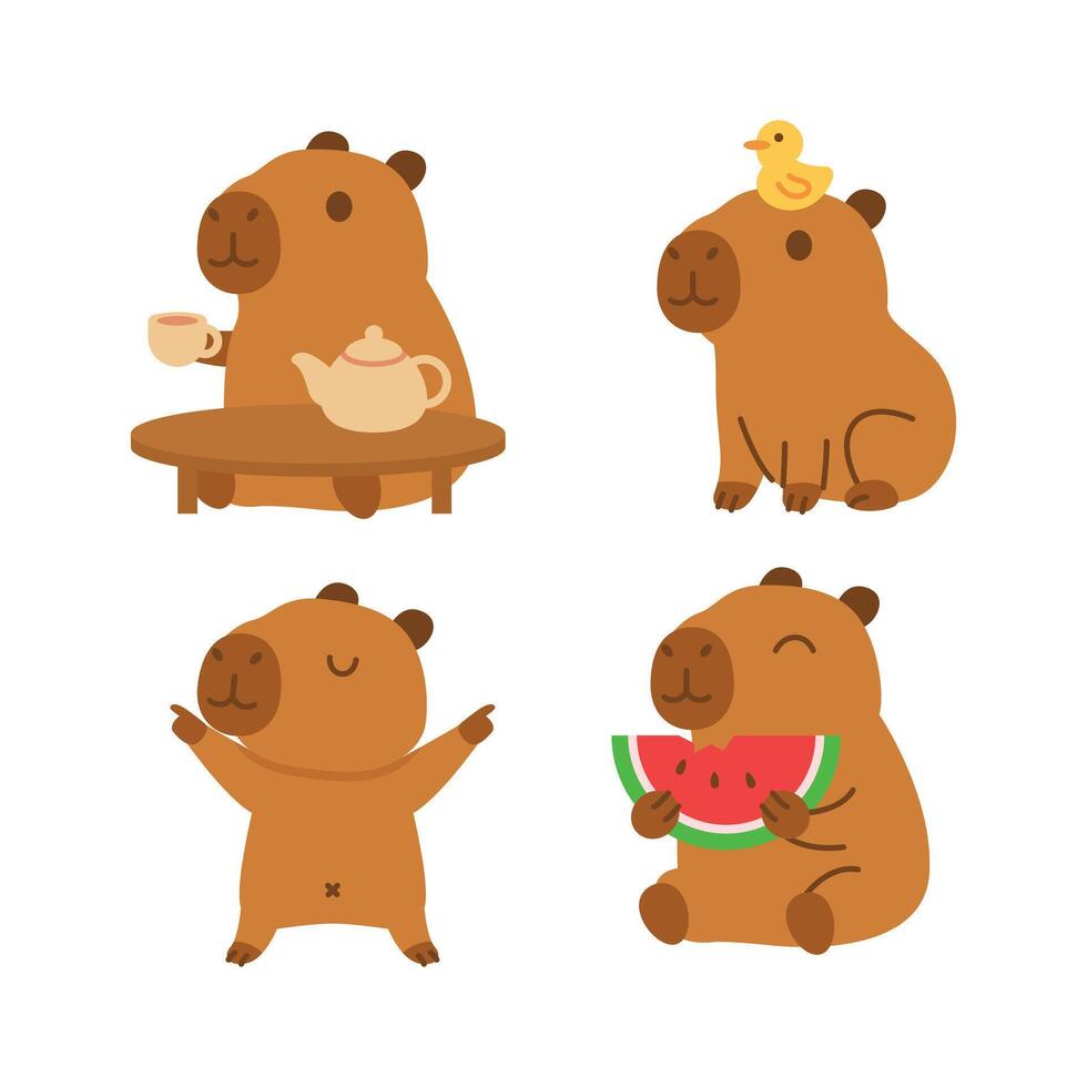 Cute Capybara Cartoon Illustration With Various Poses vector
