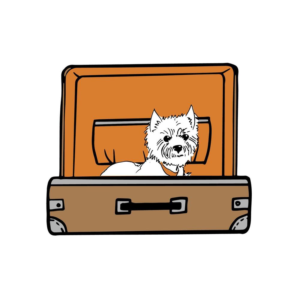 Westie dog in open suitcase illustration. Ideal for travel, shop logos, pet care ads, greeting cards, social media, print and packaging design. vector