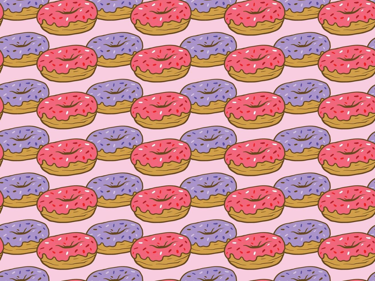 Seamless hand drawn donut pattern with pink and purple icing. Perfect for packaging, textiles, cafe branding, wrapping paper, and digital backgrounds. vector