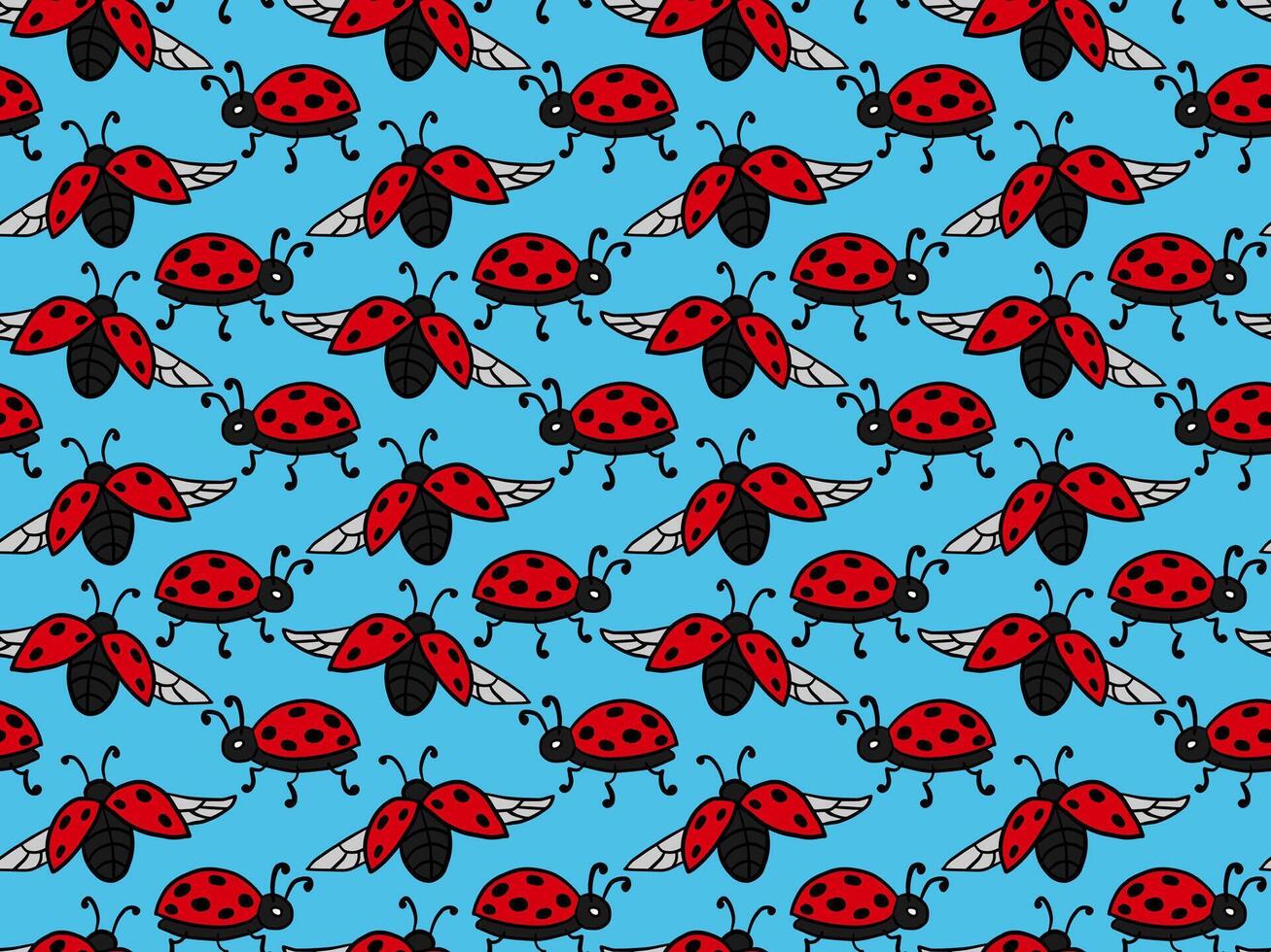 Seamless pattern with flying ladybugs on blue background. Abstract print of red insects with black dots. linear graphics vector