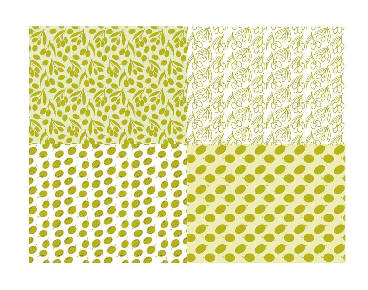 Four seamless olive branch and olive fruit patterns in green and white. Flat botanical style perfect for packaging, textiles, backgrounds, branding, invitations. vector