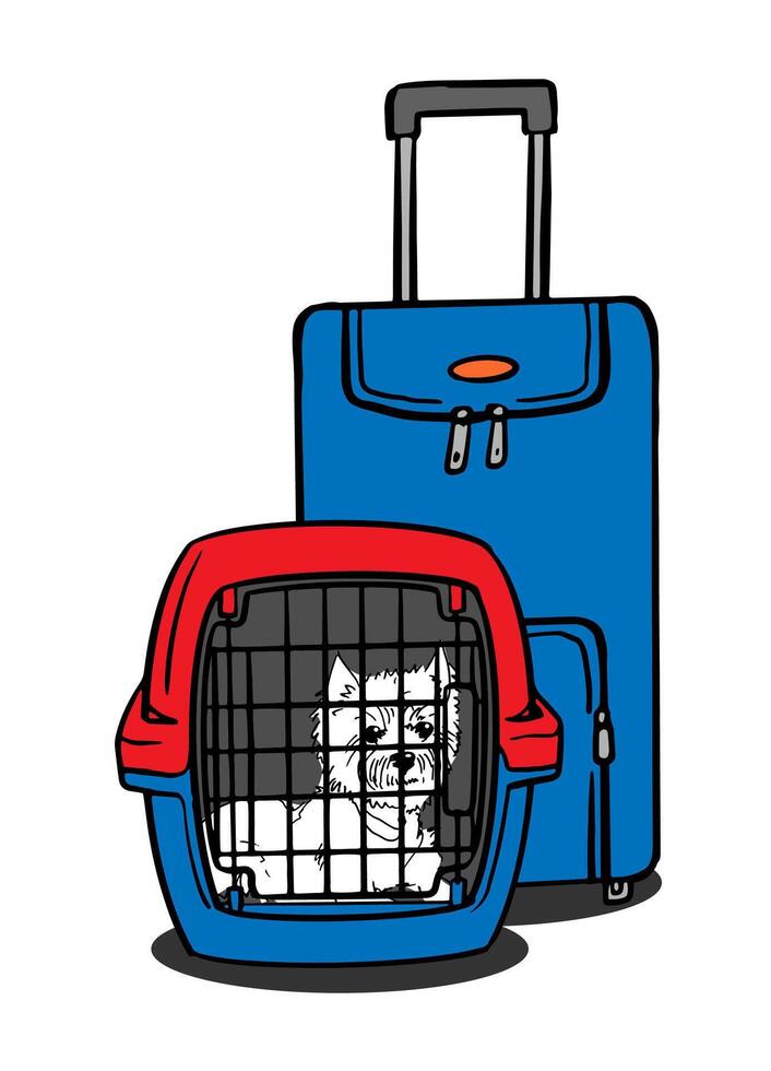 Westie pup in travel crate beside blue suitcase. Perfect for pet travel branding, luggage ads, greeting cards, social media posts, packaging design. vector
