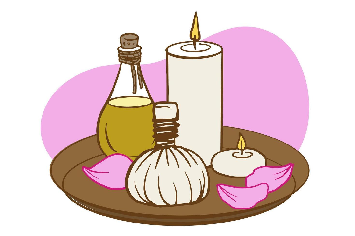 spa composition with massage oil, herbal compress, candles, and rose petals on a tray. hand drawn illustration for wellness ads, packaging, salon menu, or web design. vector