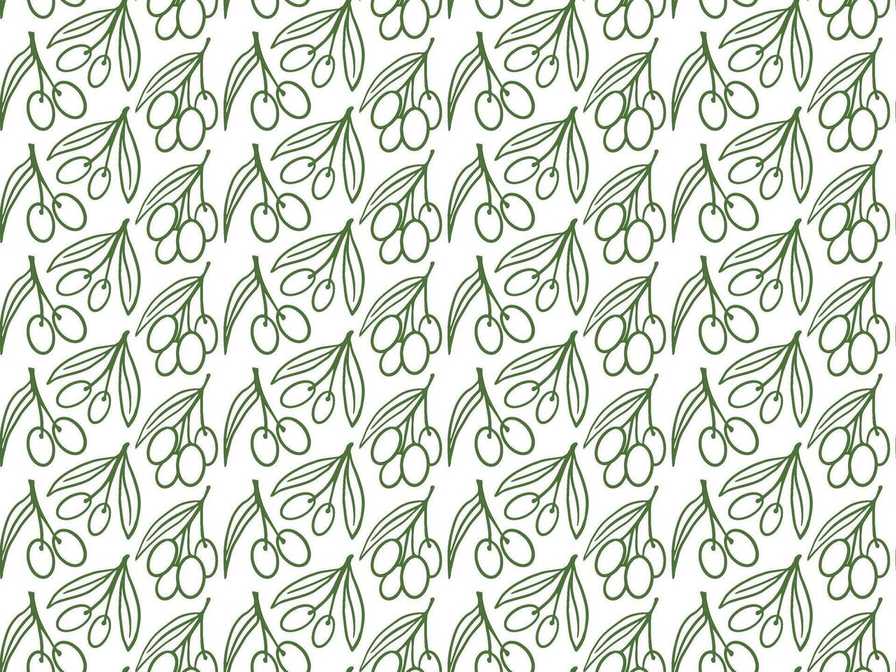 Vintage seamless pattern of hand-drawn ripe olives and olive branches. Engraved sketch style ideal for extra virgin olive oil packaging, textile, and branding. vector