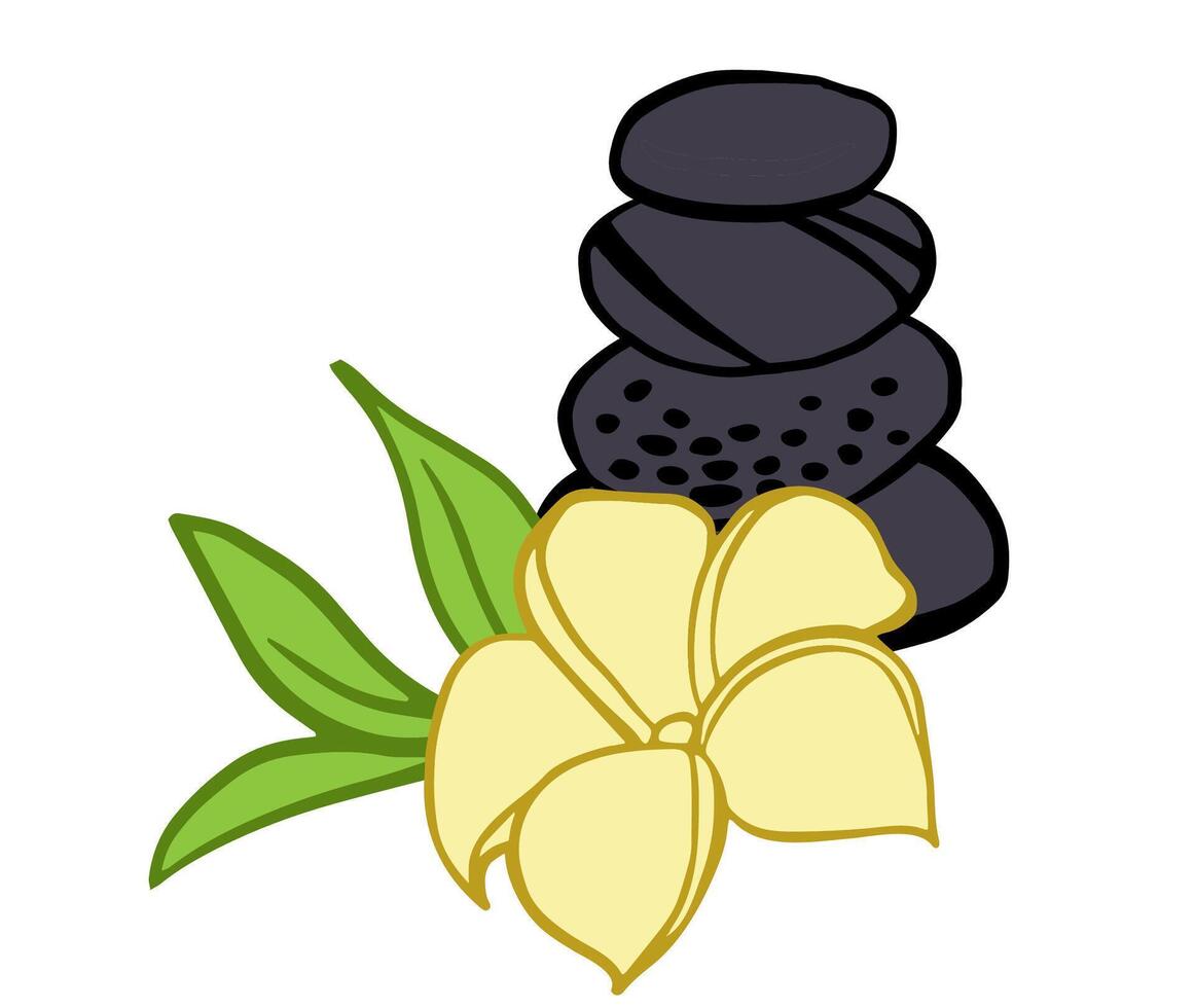 Stacked spa stones with yellow plumeria and green leaves. Use in wellness logos, spa ads, massage promos, packaging, digital or print. vector