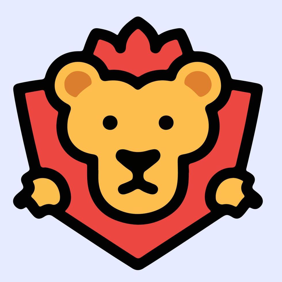 Playful lion head on badge shape, lion head icon with crown, bold expression, great for game logo or fun character illustration. vector