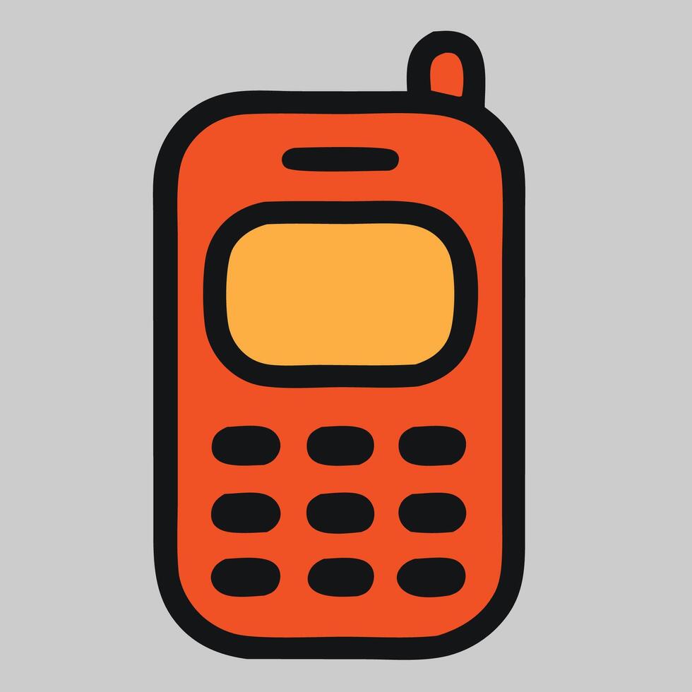 Bold Orange Retro Cellphone with Black Outlines and Antenna Detail. vector