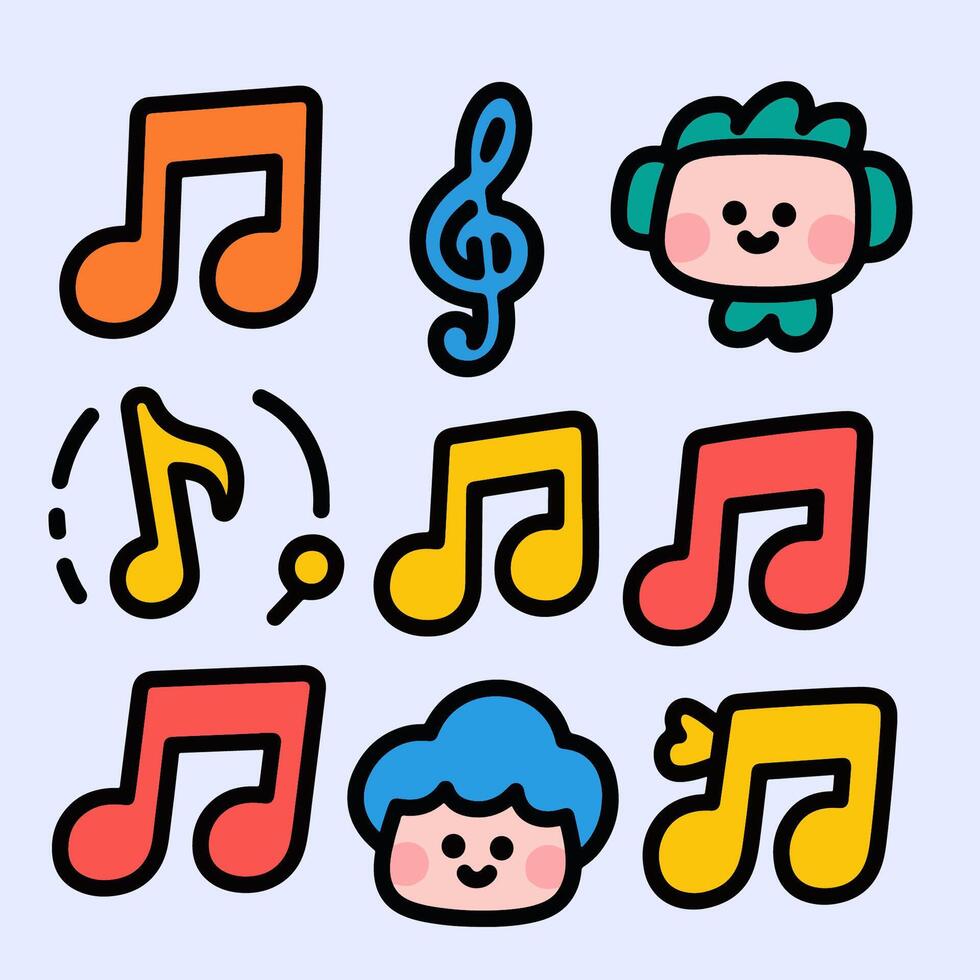 Playful Music Notes and Character Icons in Bold Outlines and Bright Colors. vector