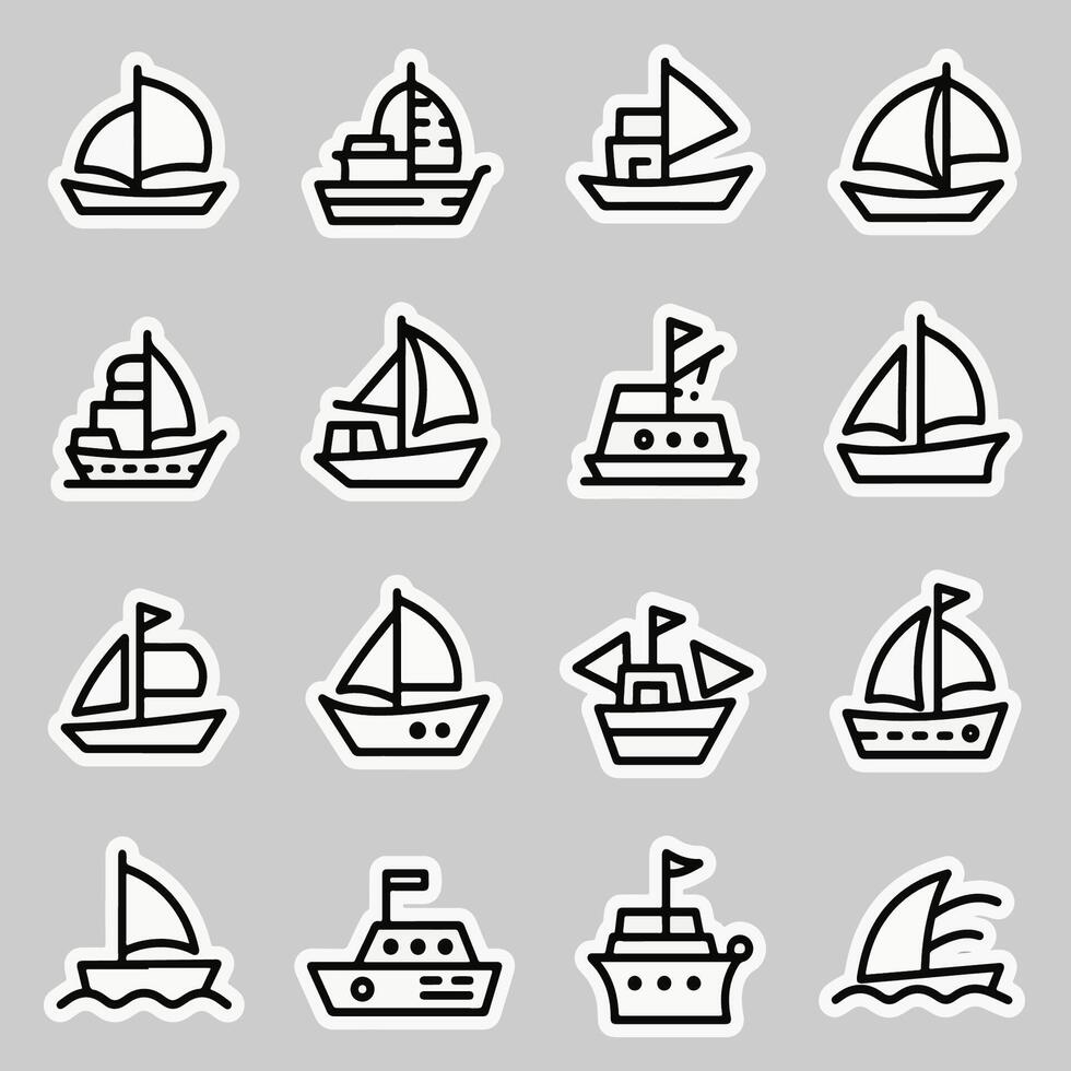 Collection of Stylized Black and White Boat Icons with White Outlines. vector