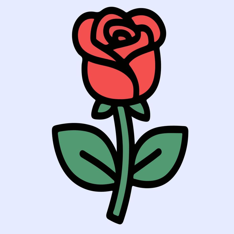 Vibrant Cartoon Rose with Bold Black Outlines and Green Leaves. vector
