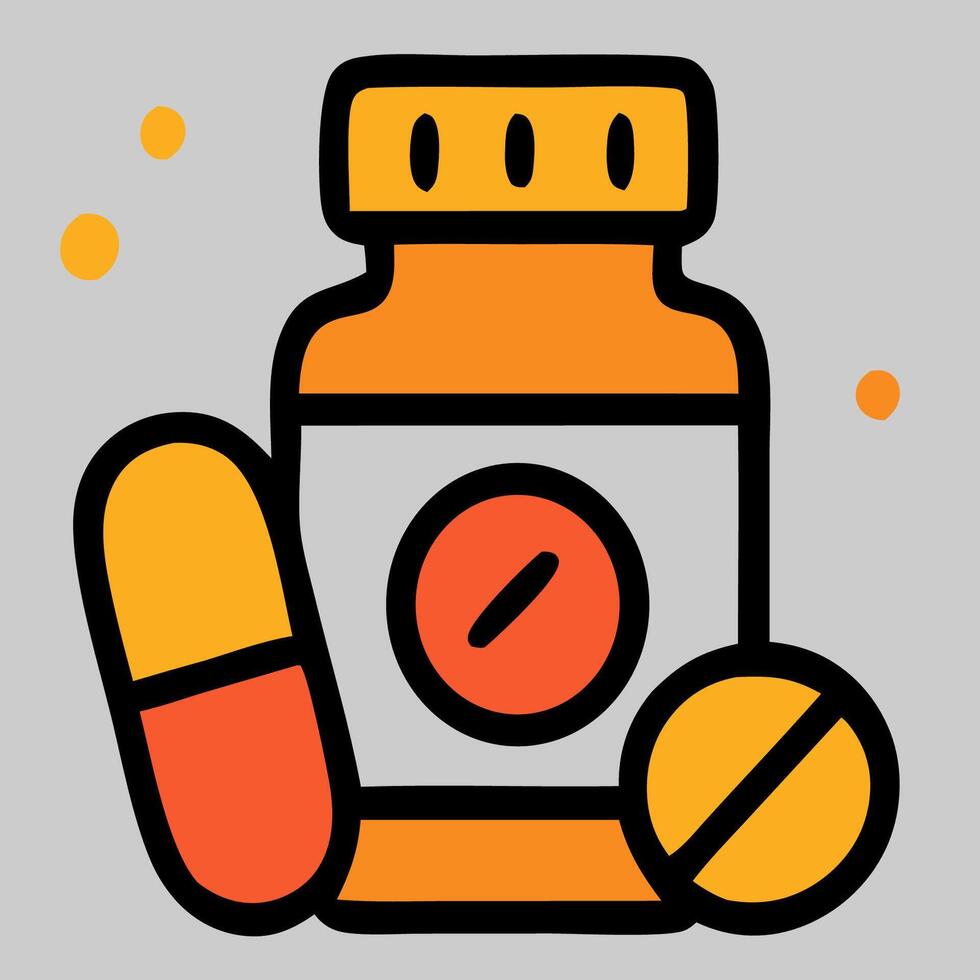 Cartoon style medicine bottle with pills and capsule orange and yellow color scheme. vector
