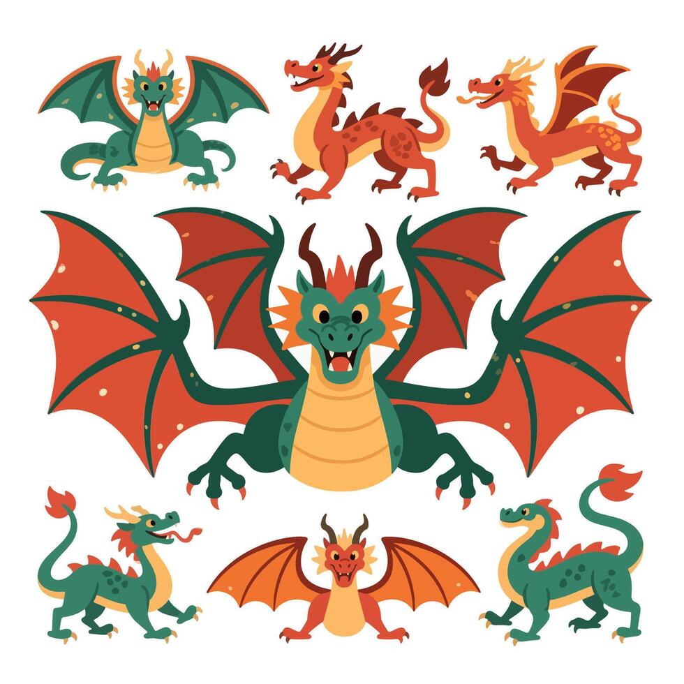 Colorful Cartoon Dragons with Wings Horns and Spikes in Various Poses. vector