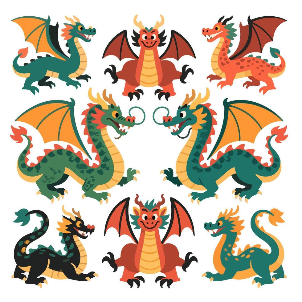 Collection of Nine Colorful Cartoon Dragons with Varied Poses and Expressions. vector