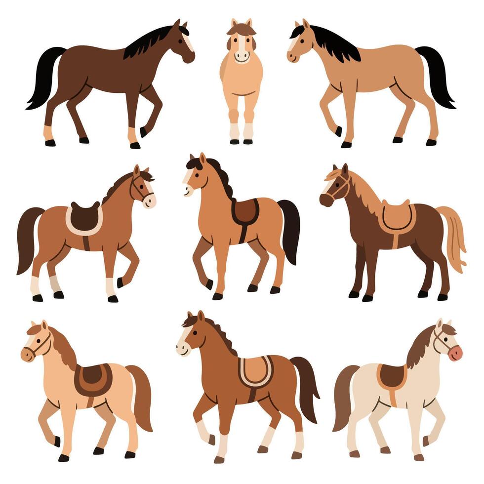Nine Illustrated Horses in Various Poses and Colors. vector