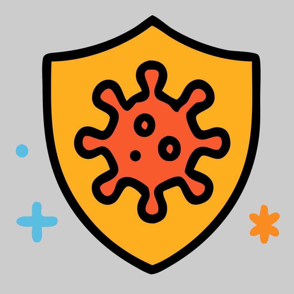 Bold Orange Virus Protected by Yellow Shield Icon. vector