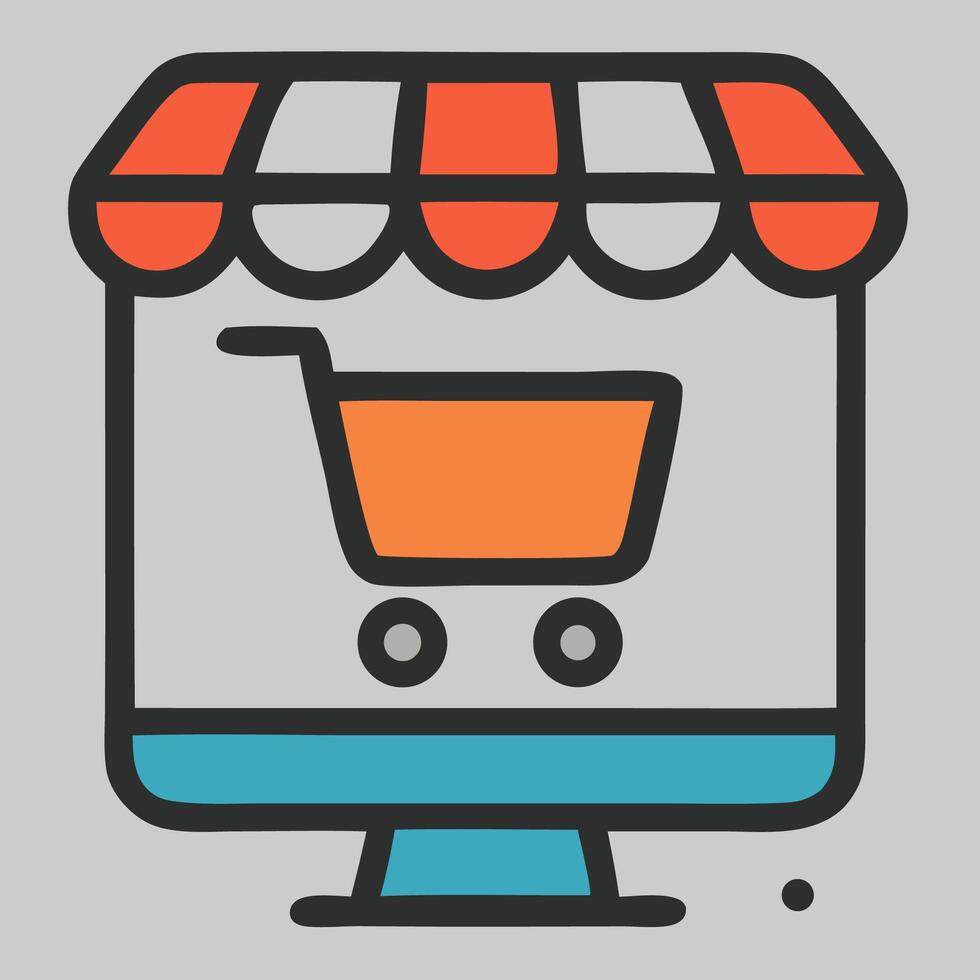 Online Shopping Icon - Stylized Computer with Awning and Shopping Cart. vector