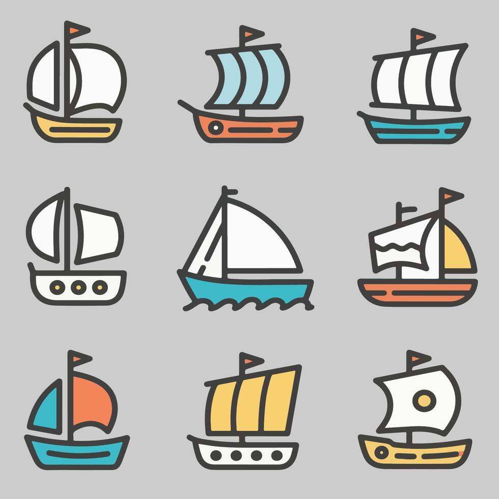 Colorful Stylized Sailing Vessels with Various Sail Designs and Flags. vector