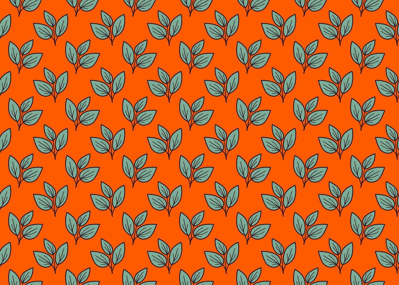 Vibrant orange background adorned with a repeating pattern of stylized teal leaves. This cheerful, seamless design evokes feelings of nature, growth, and spring. vector