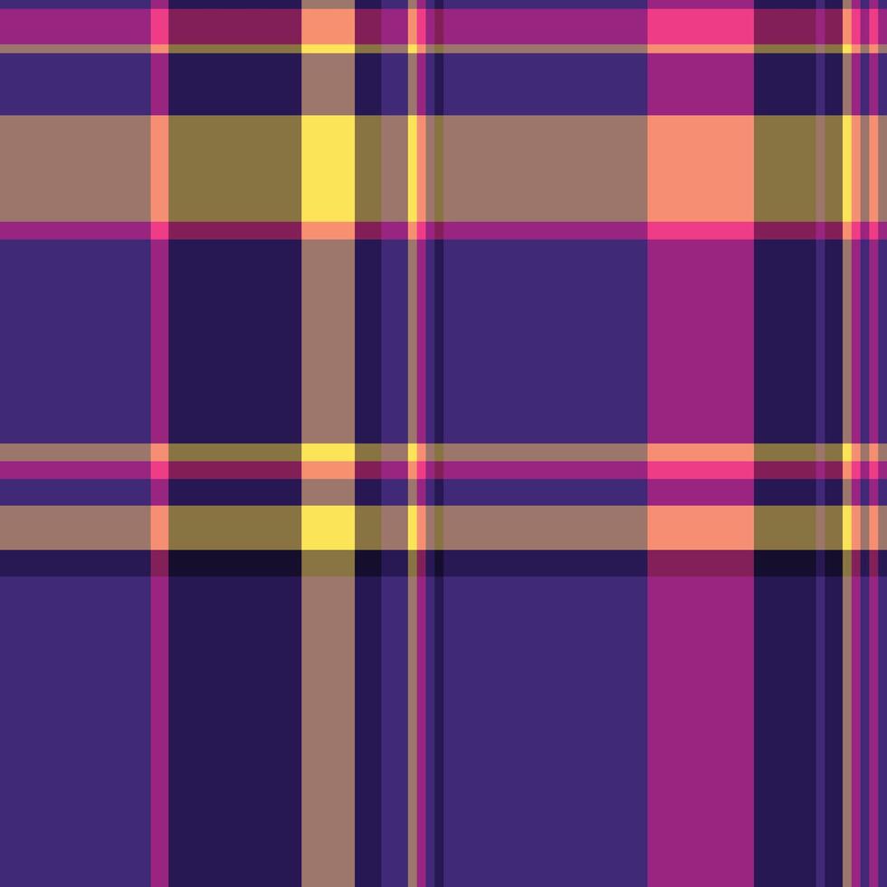 Modern plaid design with purple, yellow, and beige hues. Ideal for backgrounds, textiles, or abstract projects. Offers visual interest with its clean geometric lines. vector