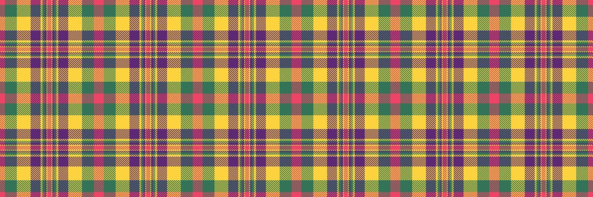 Vibrant multicolored plaid pattern, perfect for textile design, fashion, or website backgrounds. This cheerful, intersecting lines design evokes feelings of warmth and energy. vector