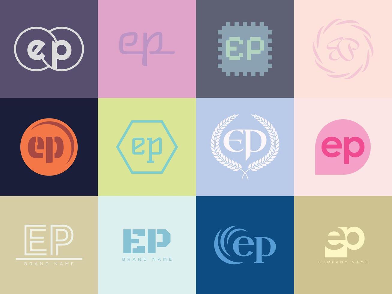 EP logo template. Letter e and p logotype. Set different classic serif lettering and modern bold text with design elements. Initial font typography. vector