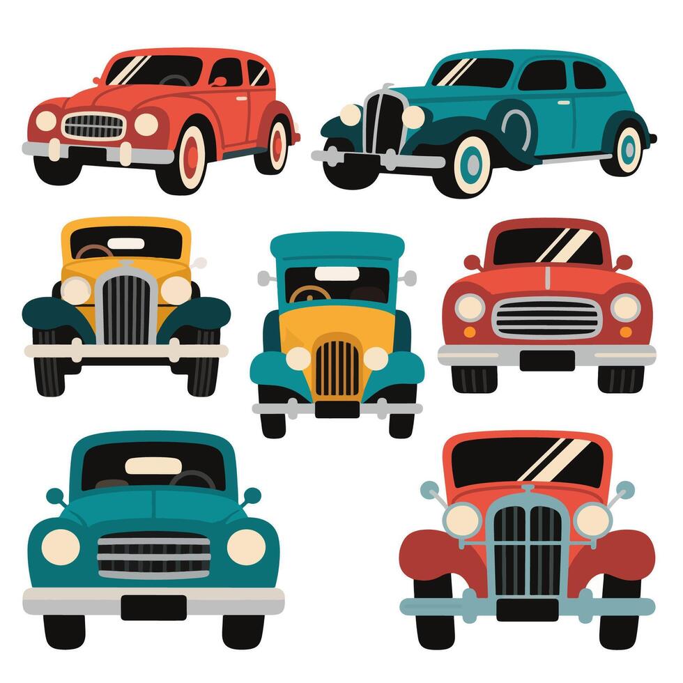 Collection of Seven Colorful Cartoon Vintage Cars with Distinctive Grilles. vector