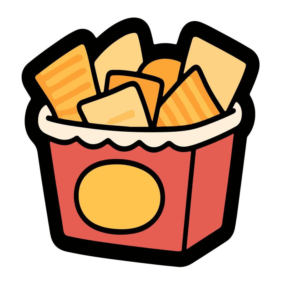 Cartoon Illustration of Crispy Potato Chips in a Red Box. vector