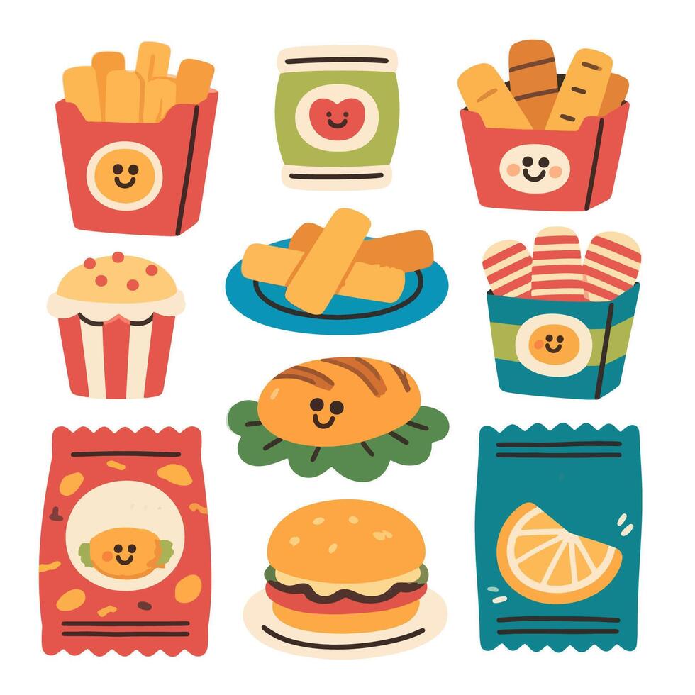 Cute Cartoon Food Packaging Collection with Happy Faces. vector