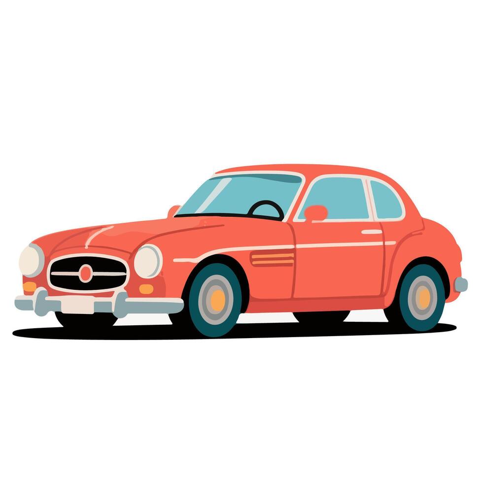 Stylized coral vintage car with teal windows and dark shadow. vector