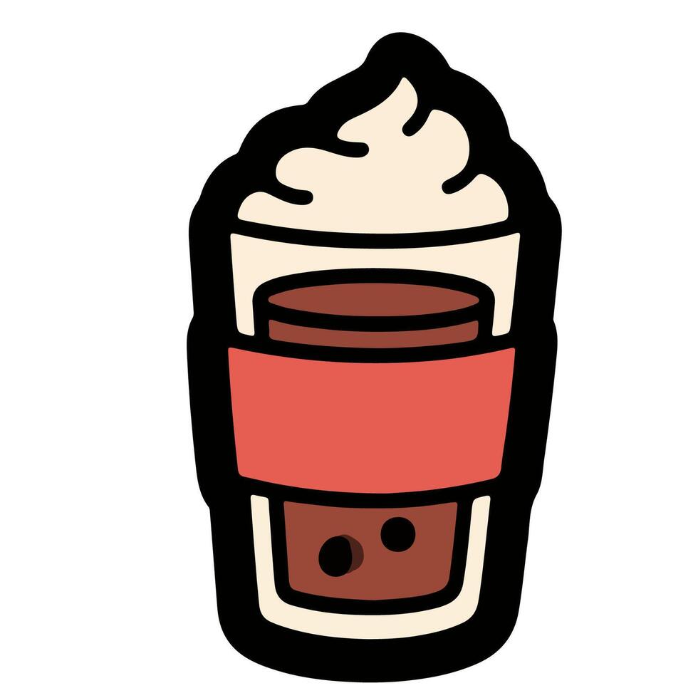 Stylized Coffee Drink with Whipped Cream and Sleeve Bold Outline. vector