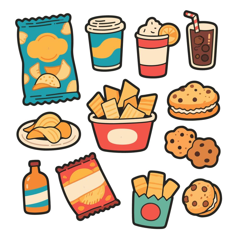 Colorful Cartoon Junk Food Icons - Chips Fries Cookies Drinks. vector