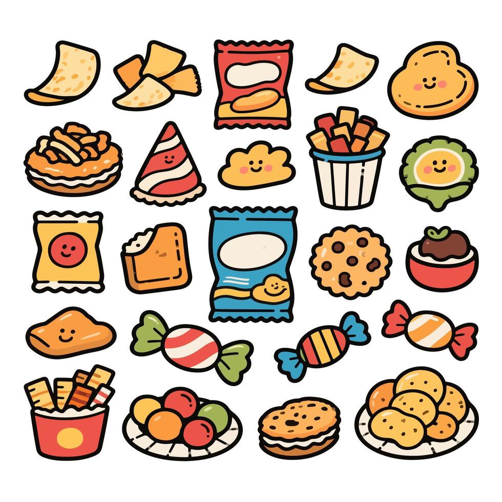 Whimsical Assortment of Cartoon Snacks and Treats with Smiling Faces. vector