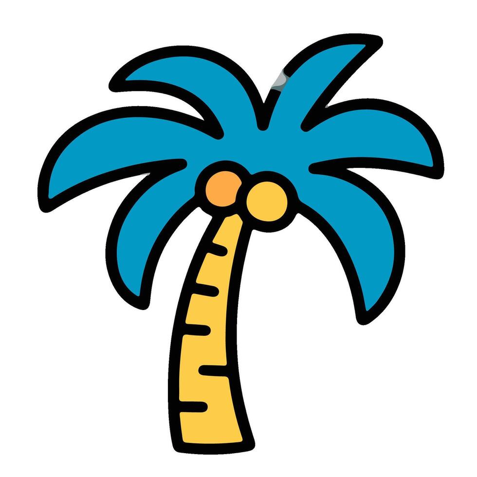 Stylized Palm Tree with Blue Fronds and Yellow Trunk Black Outline. vector