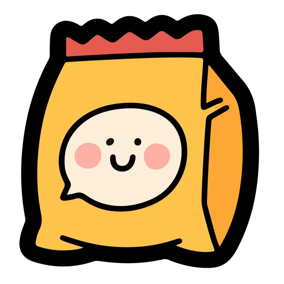 Cheerful Snack Bag with Smiling Face and Playful Cartoonish Design. vector