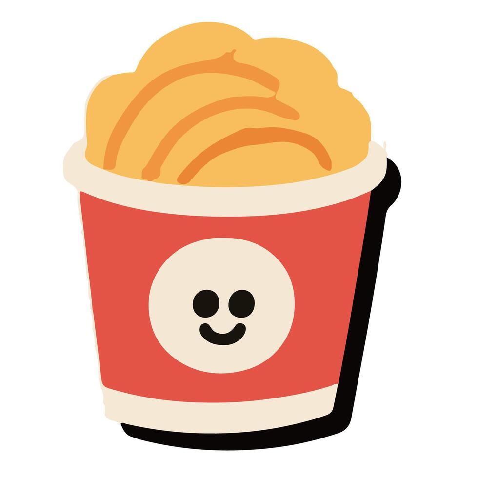 Cartoon bucket of golden fried food with a smiling face emblem. vector