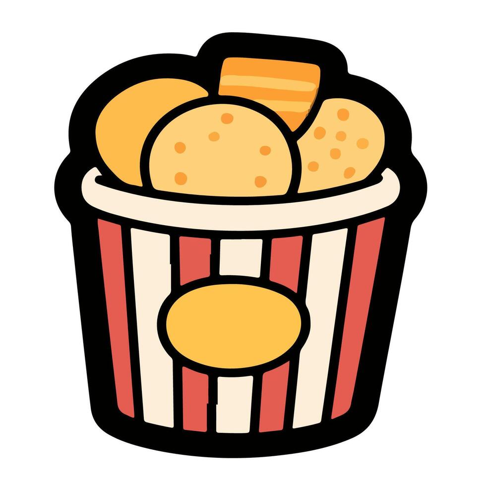 Cartoon Bucket Overflowing with Golden Fried Chicken Nuggets and a Single Strip. vector