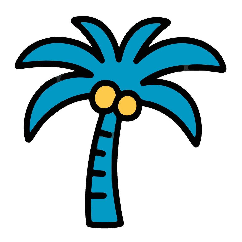 Cartoon Palm Tree with Blue Fronds and Yellow Coconuts Illustration. vector